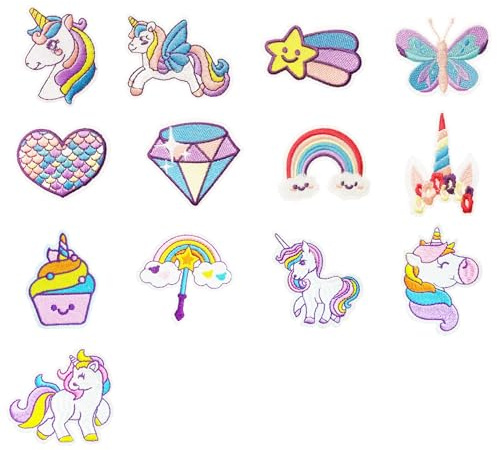 mancyz Decorative Iron-on Patches, 13 Pieces, Unicorn Rainbow Theme, Pastel Designs with Star, Butterfly, Heart, Diamond, Repair Patch for Cloth Backpack Hat Jean Dress