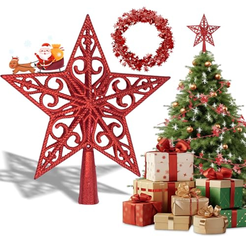 AMSNINK Weihnachtsbaumspitze Stern Rot mit Girlande 20cm christbaumspitze rot aus Metall Weihnachtsdeko Rot für den Weihnachtsbaum, Baumspitze Stern