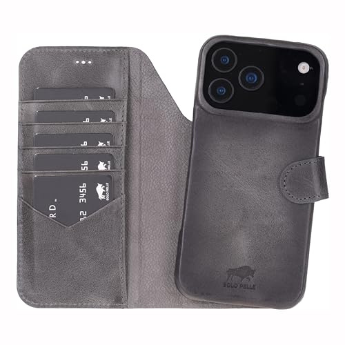 Solo Pelle Lederhülle kompatibel für iPhone 17 Pro in 6.3 Zoll abnehmbare Hülle (2in1) inkl. Kartenfächer geeignet für MagSafe Zubehör (Steingrau)