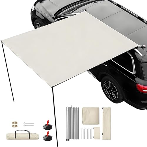 200x300cm Camping Auto Markise Set, mit 2 Stützen, 8 Spannseilen, 8 Heringen, 2 Saugnäpfen, Aufbewahrungstasche und Tragesack, Weiße Silberbeschichtung, UPF50+, PU3000+ Wasserdicht, Für Outdoor(Weiß)