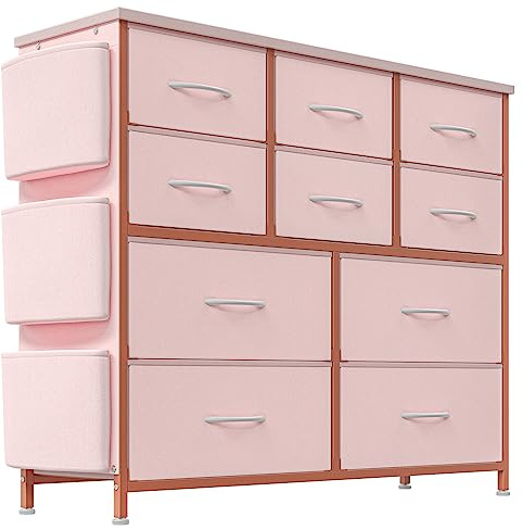 GarveeHome 10 Schubladen-Stoffkommode, Canvas-Schubladenschrank mit Seitentaschen & stabilem Stahlrahmen, Aufbewahrungsschrank für Wohnzimmer, Flur & Schlafzimmer, Rosa, Größe 99 x 30 x 89 cm