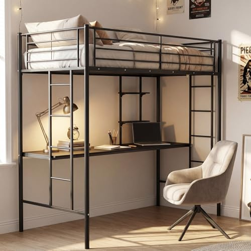 RELAX4LIFE Single Metal Bunk Bed with Desk, Metal High Sleeper Bed with 2 Ladders & Safety Guardrail, Small Space Saving Loft Bunk Bed for Kids Children Adults, No Box Spring Needed (Black)