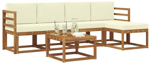 vidaXL Outdoor-Sofagarnitur 6 pcs Natur und Creme Massivholz Akazie, Gartenlounge-Set, Moderne Akazien-Couch, strapazierfähiges Outdoor-Sofa, stylische Terrassenmöbel