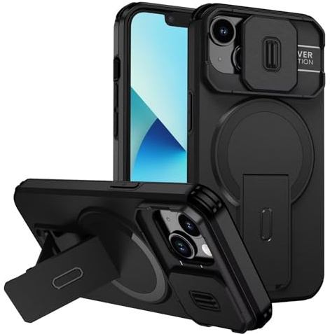 custodia per iPhone 13/iPhone 14 con ring stand magnetico, cover militare antiurto con protezione fotocamera scorrevole compatible with MagSafe ricarica wireless Nero