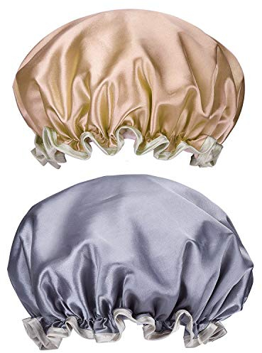 Bonnet de Douche,2 Pack Femmes Bonnet de Bain Réutilisables Double Couche Chapeau à l’eau Douche Imperméable Elastique Caps pour Dames Spa Salon Rose+Or