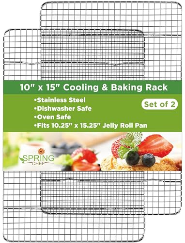 Spring Chef 25,4 x 38,1 cm Edelstahl-Kühlgitter zum Backen – ofenfest – Keksständer zum Kühlen von Keksen – passend für Gelee-Rollpfanne – perfekt zum Grillen, Braten, Kochen, Trocknen – 2er-Set