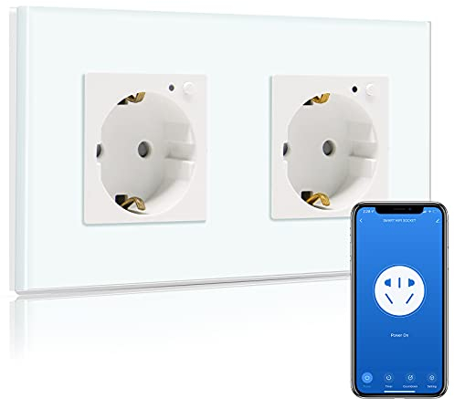 BSEED Wifi Smart Steckdose,arbeitet mit Amazon Alexa,Google Home,Timing-Funktion und APP-Steuerung,2 Fach Schuko Steckdose Weiß,Unterputz Glas Intelligente Steckdose-auf NUR 2.4 GHz Netzwerk