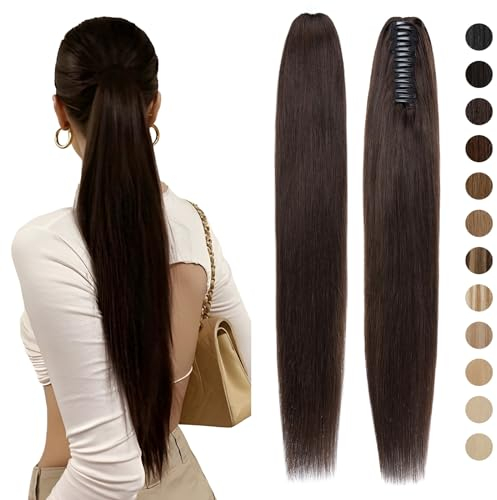Silk-co Postiche Queue de Cheval Naturel - 2 Brun Foncé - 16 Pouces Extension de Cheveux Queue de Cheval Cheveux Humains Attaché Par Pince