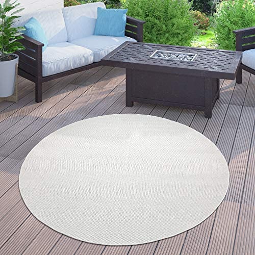 Paco Home Outdoor Teppich Flachgewebe Sisaloptik Modern Einfarbig meliert wetterfest & pflegeleicht Küchenteppich Ideal für Terrasse Balkon Garten, Grösse:160 cm Rund, Farbe:Elfenbein