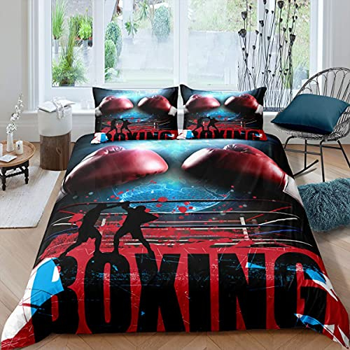Homewish Adult Boxing Duvet Cover Single Size, Sports Games Theme Bedding Set Boxing Gloves Quilt Cover, Athlete Silhouette Pattern Comforter Cover Set for Kids Boys Teens Room Decor, Blue Red