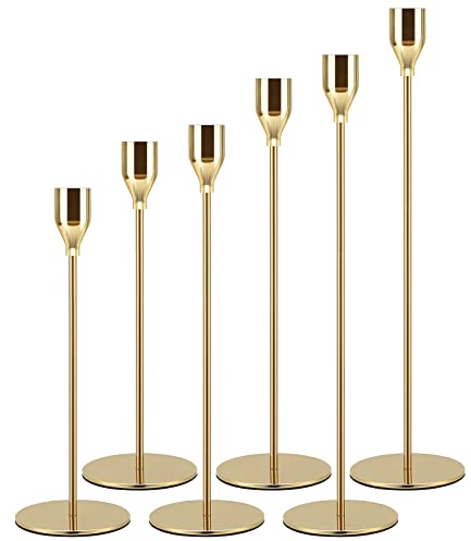 Rozrety Kerzenständer Gold Kerzenhalter 6er Set für Durchmesser 2 cm Stabkerzen, Metall Kerzen Ständer für Wohnzimmer Schlafzimmer Hochzeit Vintage Tisch Deko (Stabkerze Nicht Enthalten)