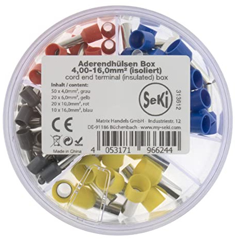 SeKi Aderendhülsen Sortiment Streudose isoliert 100-teilig 4,0-16,0mm² (50 x 4,0mm² grau, 20 x 6,0mm² gelb, 20 x 10,0mm² rot, 10 x 16,0mm² blau) nach DIN Farbcode in Streudose