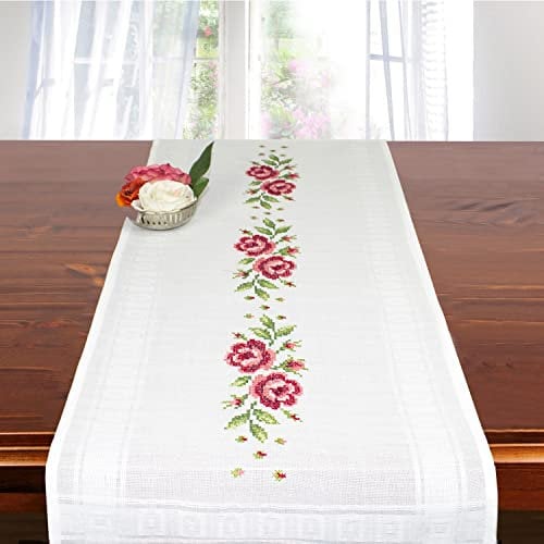Ernst Schäfer Stickpackung ROTE ROSEN, vorgezeichnetes Kreuzstich Tischläufer Set zum Sticken, Stickset mit Stickvorlage zum Selbersticken, Weiß, 40 x 100 cm