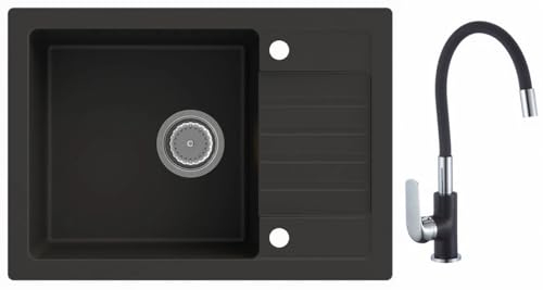 Rein Schwarz LINDBERGH® Granit Spüle mit Armatur SIM44 + 1-Tubo + Siphon Einbauspüle Küchenspüle Spülbecken + DREHEXCENTER - Verbundstoffe MADE IN GERMANY (3. Spüle SIM44 + Armatur 1-Tubo)