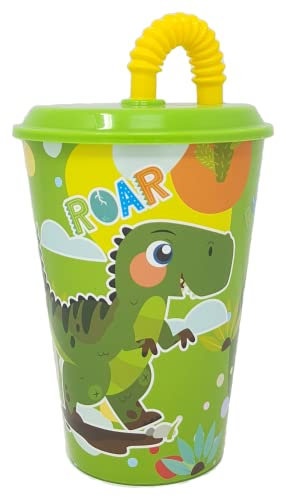 CARTOON Bicchiere con cannuccia, Dinosauro, bicchiere per bambini, plastica riutilizzabile semirigida, BPA Free, capacità 430 ml, verde - ST07552