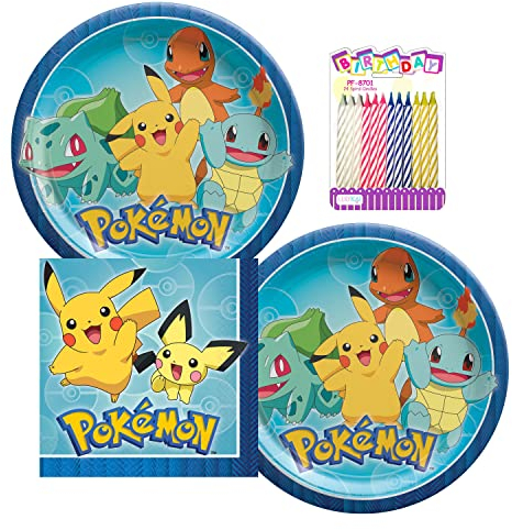 Pokémon Paquete de suministros de fiesta sirve 16: platos de cena y servilletas de almuerzo con velas de cumpleaños (paquete para 16)