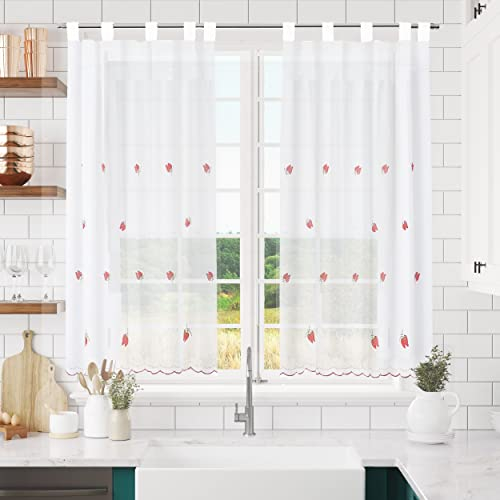 Dalina Textil - Cortina de Cocina Translúcido con Bordado, Cortina Media Altura para Cocina, Comedor, Marco de Puerta Tejido Gasa Fina(1 Pieza 140 x 140 cm, Fresas)