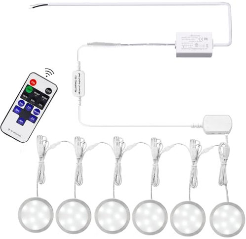 AIBOO Linkable Under Cabinet LED Lighting 12V Slim Aluminum Dimmable Puck Lights Direct Wired with RF Remote Control for Kitchen Lighting(6pack,Daylight White)