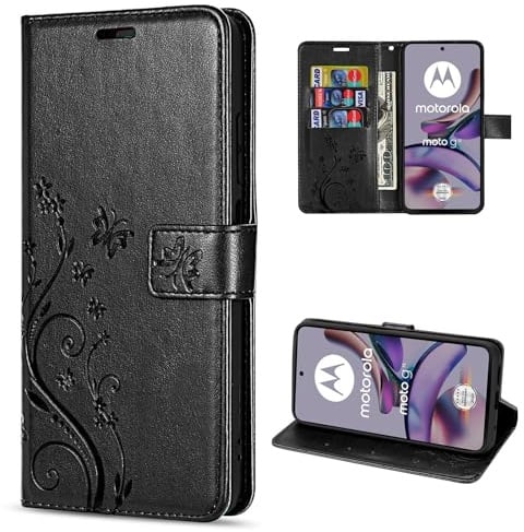 betterfon Hülle Kompatibel mit Motorola Moto G13 / G23 | Premium PU Leder Handyhülle Wallet Case für Moto G13 / G23 | Schutzhülle Blumen Klapphülle Handyhülle | Schwarz