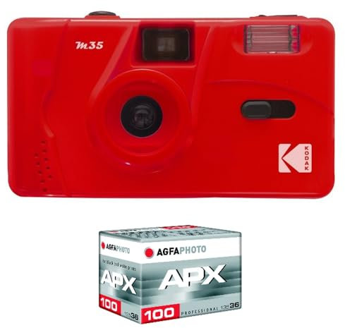 KODAK Pack M35 Argentique + Pellicule 100 ASA - Appareil Photo Kodak Rechargeable 35mm Scarlet, Objectif Grand Angle Fixe, Viseur optique , Flash Intégré + Pellicule APX 100, 36 poses