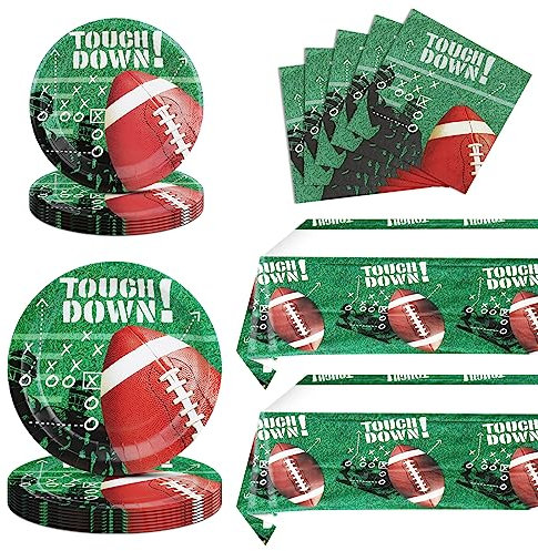 Ryzovo 62 Pcs Football Party Supplies Tableware Set Football Theme Party Decorations Including Paper Plates Napkins Plastic Tablecloth for Football Super Bowl Game Day Birthday Party, 20 Guests