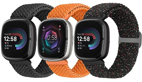 Yunshare 3 Stück Geflochtenes Armband Kompatibel mit Fitbit Versa 4 /Fitbit Sense 2/Fitbit Versa 3/Fitbit Sense, Weiches Elastisch Nylon Sport Solo Loop Ersatzband Damen Herren