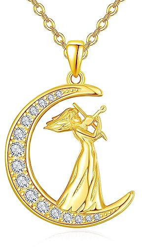TANGPOET Mädchen spielen Geige Anhänger Halskette für Mädchen Frauen Damen Vergoldet Silber 925 Mondsichel Weihnachtsschmuck Musik Andenken Geschenk für Tochter Nichte Geigerin Halskette