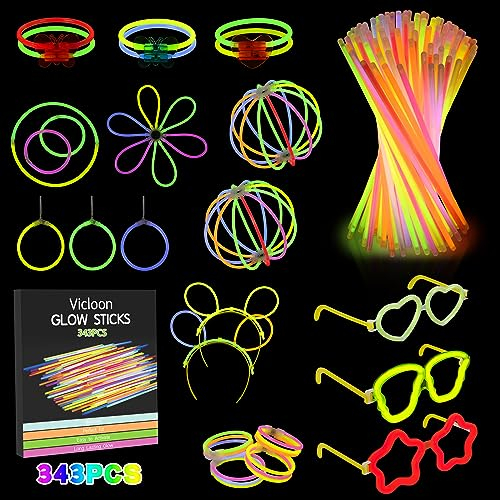 Vicloon Knicklichter,343 Stück knicklichter party set,knicklichter mit verbinder,Brillen, Ohrringe, viel Zubehör,glow sticks party pack für Hochzeiten Geburtstage Festivals Party