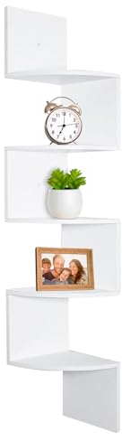 edihome, Libreria Angolare, Scaffale da Parete, 5 Ripiani, 123 x 19,2cm, Legno Natural, Mensole da Muro Design, Cucina, Camera (Bianco)