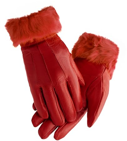Stilvolle Damen Lederhandschuhe mit Pelzmanschette, 100% echtes Schaffell Damen Lederhandschuhe, Super Weiches Leder mit warmem Fleecefutter, rot, 36