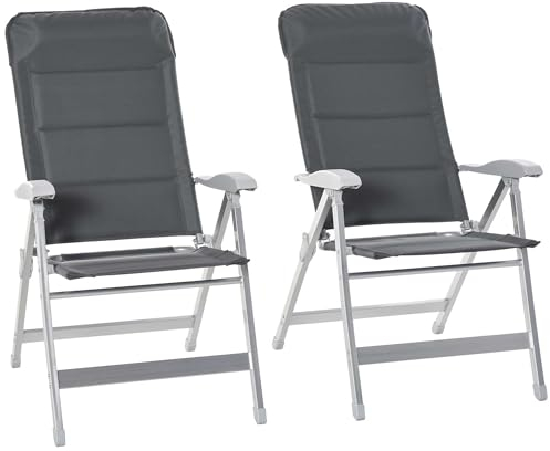 Outsunny Lot de 2 chaises de Jardin Pliantes Fauteuil d'extérieur avec Dossier Haut inclinable Multipositions accoudoirs tétière alu. Oxford déperlant Gris