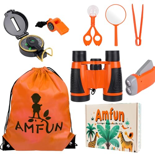 AMFUN Kit de Exploración para Niños 8 en 1, Juego de Explorador para Niños para Niños Prismáticos/Binoculares, Silbato, Brújula, Lupa