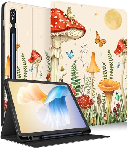 SurgeCraft Étui portefeuille pour Samsung Galaxy Tab S9 FE 5G/Tab S9 – Pour femmes et filles – Motif champignon et lune – Joli design de veille/réveil automatique avec porte-crayon pour Samsung Tab S9