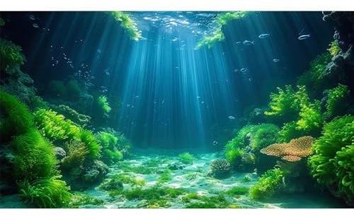 Riivvdise Aquarium Background Aquatic Plants Soft Algae Terrarium Backdrop Underwater World Fish Rock with Moss Sunlight Rays Fish Tank Background Aquarium Wallpaper Poster Decor Vinyl 30x12in