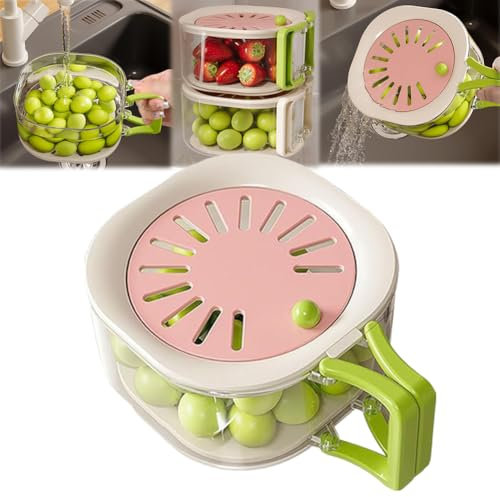 2-in-1 Draining and Preservation Basket, Multifunctional Fruit Washing Bowl with Strainer,Foldable Colander with Lockable Lid, Strainer Bowl Food Drainer,Vegetable Container with Lid and Handle (A)