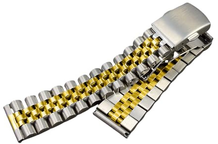 TOMIYOY Edelstahl-Uhrenarmband mit flachem Ende, 18 mm, 19 mm, 20 mm, mit Doppelknopf-Schnalle, passend für RLX-SKX-Uhr (zweifarbig, Gold, 20 mm)