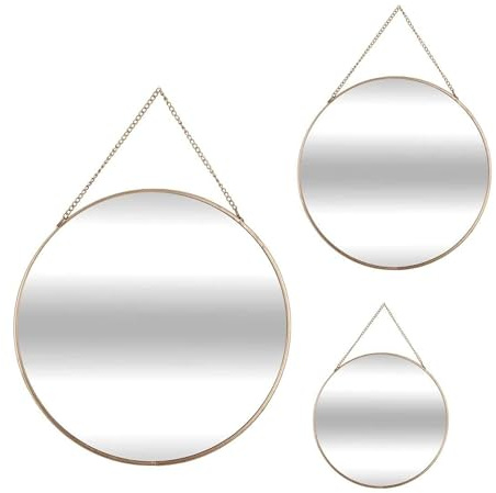 Well Home - Set de 3 miroirs Ronds de Couleur Or avec chaîne - Ø20 cm Ø 24 cm Ø 29 cm