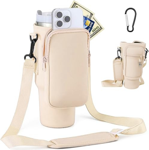 PLLYPE Wasserflaschenhalter Tasche für Stanley Tumbler, 1.2L / 40oz Tasche für Stanley Cup, Wasserflasche Tragetasche mit Handyfach, Karabiner und Verstellbarem Schultergurt, für Reisen Wandern Laufen