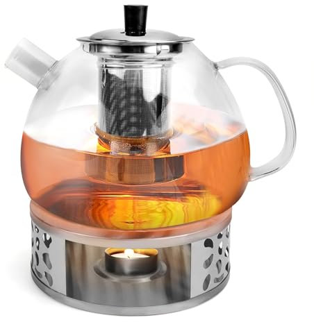TYBYBB 1500ML Teekanne mit Siebeinsatz Teekanne aus Glas Teekanne mit Stövchen, Teapot with Strainer, Teekanne mit Teelicht Wärmer, für Losen Tees Fruchttee Duftender Tee (Teekanne Set)