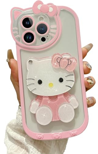 Steuscey Cute Cartoon Designed for iPhone 15 Pro Max Case, 3D Bow Kawaii Cartoon Cat Case with Mini Makeup Mirror for Girls Women Soft Silicone Clear Shockproof Phone Cover 6.7, Pink