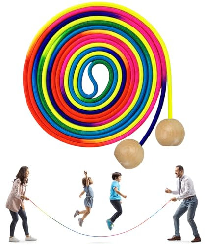 CNMTCCO Cuerda Saltar 5 Metros, Cuerda de Saltar para Niños Con mango Redondo de Madera Comba de Saltar, Longitud Ajustable Cuerda para Saltar Arcoíris - para Niños y Adultos Deportivas