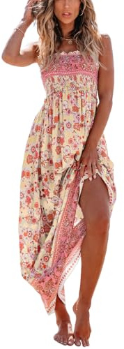 CUPSHE Robe longue d'été à smocks pour femme - Sans manches, avec bretelles spaghetti et volants - Longue robe de plage formelle, Motif floral jaune., Taille S