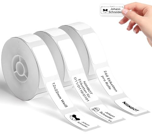 NIIMBOT Etiketten für D11 D110 D101 Etikettendrucker, 12 x 22mm 260 Etiketten pro Rolle, 3 Rollen Selbstklebender Etikettenband Thermo Etikettenband für Home Office, Weiß