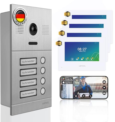 Mathfel Videocitofono IP a 2 fili con apriporta – fotocamera Full HD, monitor da 7 e controllo app, campanello intelligente con citofono (argento, 4 pulsanti campanello)