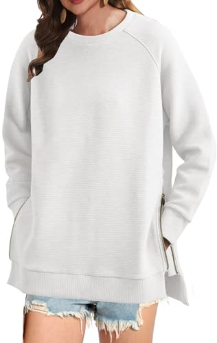 Koerye Felpa Donna Oversize a Girocollo Pullover Top Casual Maglia con Zip Pullover Donna Autunno Moda Maniche Lunghe con Spacco Laterale Bianco,XL
