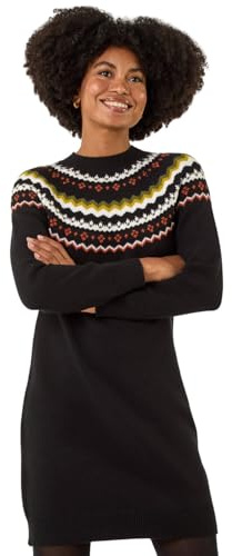 Roman Thick Jumper Dress for Women UK Ladies Fairisle Aztec Knitted Knit Sweater Knitwear Autumn Winter Holiday Round Neck Long Sleeve Soft Knee Length Sweat Warm Thick - Noir Fairisle - Size 12