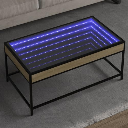 Runheo Couchtisch Sonoma-Eiche 90x50x41 cm, Infinity-LED RGB-Beleuchtung, Holzwerkstoff Glas Metall, Wohnzimmer Beistelltisch, Moderne Ästhetik