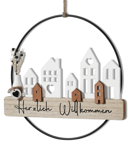 Willkommen Türkranz Trockenblumenkranz Herzlich | Hängedeko Trockenblumen Fensterdeko Hängedeko personalisiert Dekokranz mit Willkommensschild Vase und Haus ø28cm Wandschmuck