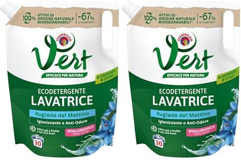 Vert - Ecodetergente Lavatrice - Fragranza Rugiada del Mattino, 100% Origine Naturale, Funzione Igienizzante & Anti Odore, Efficace anche a Freddo e nei Lavaggi Brevi - Flacone da 1200 ml, 30 Lavaggi
