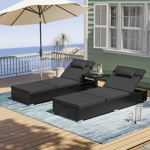 UDPATIO Set de 2 Tumbonas de Ratán, Respaldo 5 Posiciones + Mesa Jardín, Poliratán Tumbonas Jardin Exterior Impermeables, para Jardín, Exterior y Patio, Ratán Negro y Cojín Gris